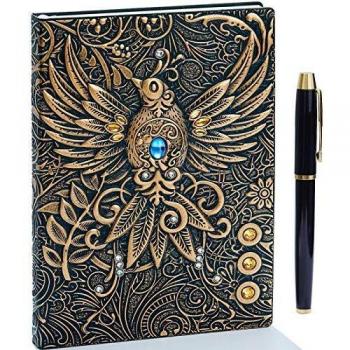 Diario de piel en relieve vintage con juego de bolígrafos dorados,A5,hecho a mano,cuaderno de bocetos, diario de viaje y cuaderno para escribir, regalo para mujeres y hombres
