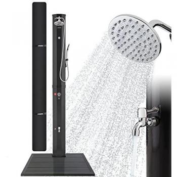 Ducha Solar Arebos 60L con Teleducha y Termómetro - Temperatura hasta 60°C, Diseño Redondo, Tecnología Snap-In, Incluye Tapa y Plato Inferior Antracita/Negro