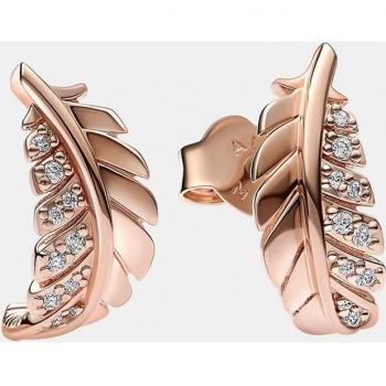 Pendientes Pandora Moments Pluma Curvada Flotante 282574C01 con Circonita y Baño en Oro Rosa de 14K