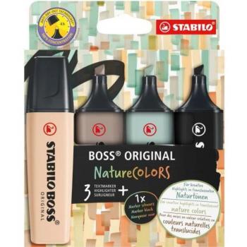 STABILO BOSS ORIGINAL NatureColors Marcadores Fluorescentes - Estuche de 4 Colores Surtidos (Beige, Negro, Verde, Gris claro) con Punta de Cincel