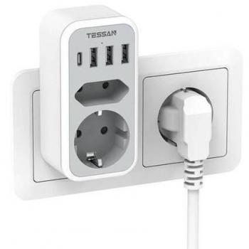 Regleta TESSAN con 2 salidas de CA, 1 puerto Tipo C y 3 puertos USB A, adaptador de enchufe vertical UE para el hogar