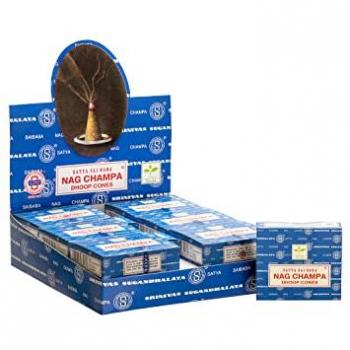 Conos de Incienso Satya Nag Champa - Caja completa con 12 cajitas (120 conos) con porta inciensos, pack aroma fragancia ambientador, incluye incienso Goloka y Satya en conos de las marcas más