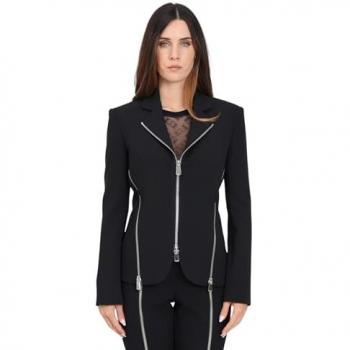PINKO Women's Black Blazer, Size 40, Crepe Stretch Jacket with Metal Zip, La Teste Nera Style, Size XS