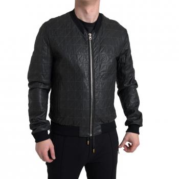 Black Leather Full Zip Bomber Coat Jacket - IT52 | XL