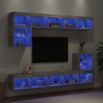 Mueble de TV de Pared 8 Piezas con LED en Color Gris Cemento, Madera Ingeniería