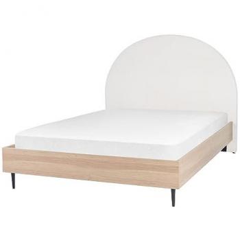 Cama Matrimonial Tapizada en Tejido Blanco 140x200 cm con Cabecera Acolchada, Estructura de MDF y Patas Metálicas, Base de Lamas de Madera