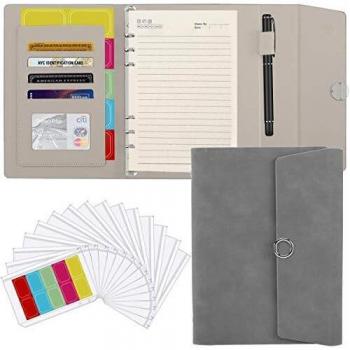 Housolution Carpeta de Cuaderno de 6 anillas, Cuardeno de Cuero de PU, 15 Sobres Transparentes de Carpeta con Cremallera A5 y Etiquetas Autoadhesivas, Sistema de Sobres de Presupuesto - Gris