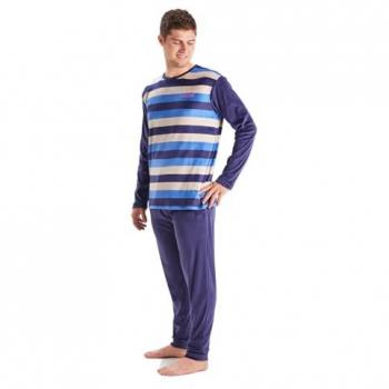 Pijama de hombre de terciopelo en color morado con rayas, dos piezas, manga larga y cuello redondo