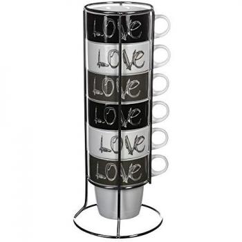Set de 6 tazas de café Love con soporte metálico - 26 cl - Porcelana marrón y blanca