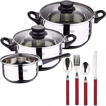 Bergner Bateria de cocina 5 piezas San Ignacio de acero inoxidable con cuberteria de 24 piezas en acero inoxidable en color rojo, PK3201