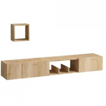 Mueble TV Suspendido 180 cm con 1 Nicho, 3 Puertas y Estante Mural en Roble Zafiro