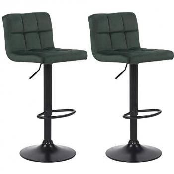 Juego de 2 Taburetes de Bar Feni en Terciopelo Verde, Altura Ajustable, Giratorios, con Respaldo y Reposapiés