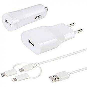 Vivanco 36262 Kit Cargador Pared Cargador Coche y Cable 3 en 1, Micro USB Lightning y Tipo C, 1m, 2,4A