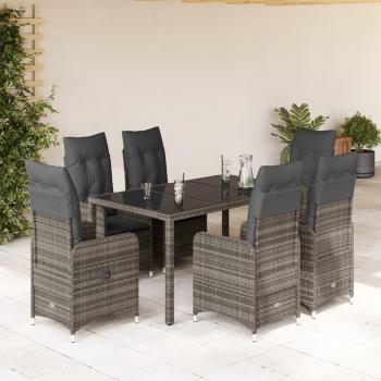 7-Piece Grey Poly Rattan Garden Bistro Set with Cushions