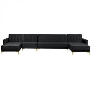 Sofá Cama Modular en U de Terciopelo Negro 6 Plazas con Chaise Longue