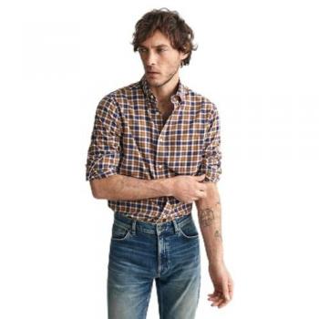 Camisa de Hombre Gant de Sarga Ligera a Cuadros Marrón, Manga Larga, Regular Fit