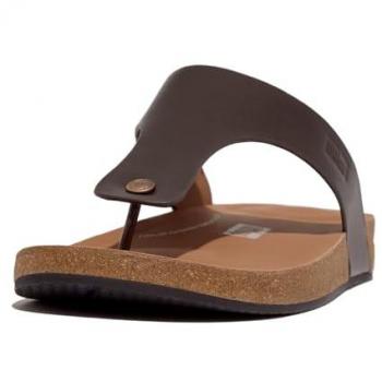 Sandalias FitFlop Iqushion Leather Toe-Post Marrón con suela de espuma IQushion, diseño de tiras en el dedo, color marrón, talla 45