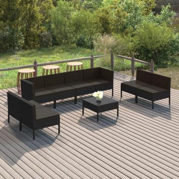 9-Piece Black Poly Rattan Garden Lounge Set with Cushions