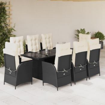 9-Piece Black Poly Rattan Garden Dining Set with Cushions