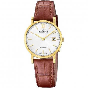 Reloj Candino Couple C4727/1 para Mujer con Caja de Acero Inoxidable 316L Dorado, Esfera Blanca y Correa de Piel Marrón
