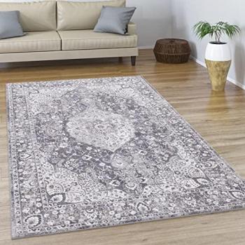 Alfombra Pelo Corto Comedor Marroquí Vintage 160x230 cm, Motivo Vintage Abstracto Oriental Moderna con Ribete, Color Gris