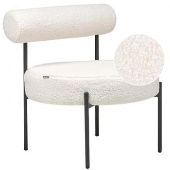 Silla sin reposabrazos Alpha con asiento redondo y respaldo enrollado, tapicería bouclé blanca, diseño vintage