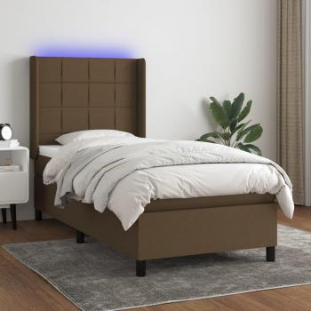 Cama Box Spring con Colchón y Luces LED Marrón Oscuro 100x200 cm Tela
