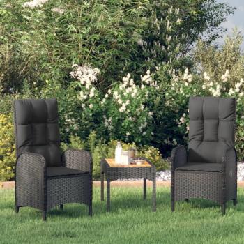 3-Piece Black Poly Rattan Garden Lounge Set with Cushions