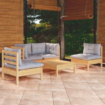 5 Piece Solid Pinewood Garden Lounge Set with Gray Cushions