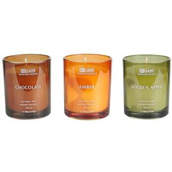 Conjunto de 3 velas aromáticas multicolores 100% cera de soja con mecha de algodón en vaso, fragancias frescas: manzana dorada, chocolate y ámbar