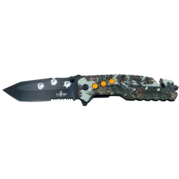 Navaja de seguridad Third K2801CSLS con mango de Aluminio recubierto en camo gris y hoja de Acero 420 de 10.2 cm con sierra, cutter cinturón de seguridad y punta rompevidrio