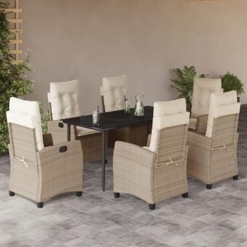Beige Poly Rattan 7-Piece Garden Dining Set with Cushions