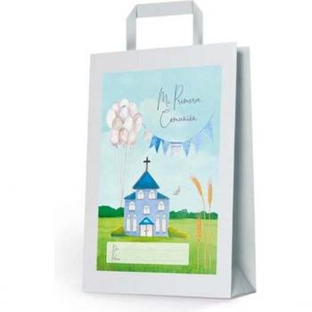 Bolsa de Papel Arguval Primera Comunión con Asas Motivo Iglesia Azul 34x25x9 cm Paquete de 12 Unidades