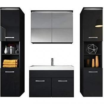 Conjunto de Muebles de Baño Paso XL 80 x 40 cm - Negro Alto Brillo - Mueble de baño con Espejo y Armarios Laterales
