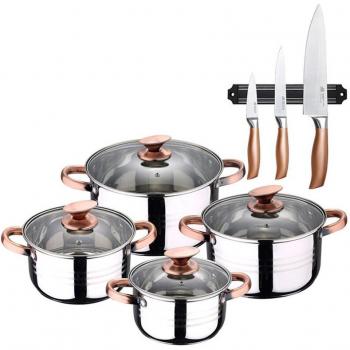 Batería de cocina 8 piezas San Ignacio Altea apta para inducción en acero inoxidable con set de 3 cuchillos en acero inoxidable y barra magnética