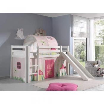 Cama Loft con Escalera y Tobogán de Pino Macizo Blanco, 90 x 200 cm, Incluye Tienda y Túnel