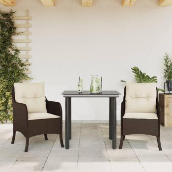 3-Piece Brown Poly Rattan Garden Dining Set with Cushions