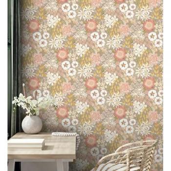 Papel Pintado Vinílico Ecológico Masie Garden 682058 - Jardín de Flores Fondo Color Topo Estilo Botánico - Rollo 10 m x 0,52 m