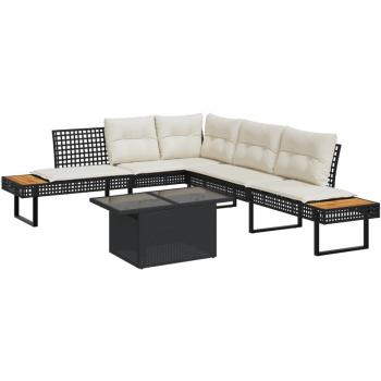 2-Piece Garden Sofa Set with Cushions - Black Poly Rattan and Glass