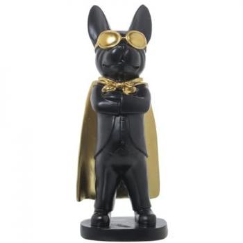 Figura Decorativa Perro con Gafas en Color Negro y Dorado, Material Plástico, Dimensiones 12 x 15 x 32 cm