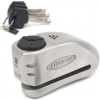 Artago 32 Candado Antirrobo Moto Disco con Alarma Don't Touch 120 db, Alta Gama, ø15 Cierre S.A.A, Homologado Sra, Acero Inoxidable