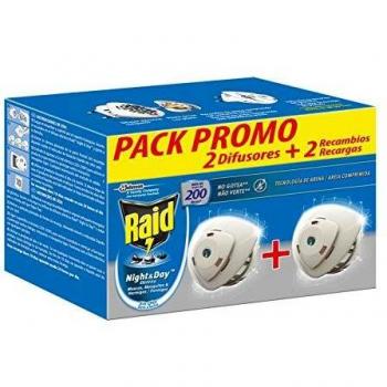 Raid ® Night & Day - Pack 2 Aparato electrico anti moscas, mosquitos común y tigre, y hormigas. Enchufe inoloro con más de 200 horas de protección. Incluye 2 Difusor y 2 Recambio