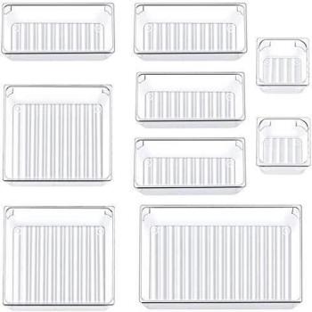 Siundam Juego de 9 Organizadores de Cajón, Cajas Bandejas de Plástico Transparente Apilables Almacenamiento para Cajones, Escritorio, Cocina, Baño, Maquillaje, Armario - 4 Medidas Estrechos
