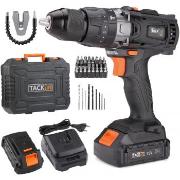 Taladro Atornillador 18 V, Tacklife 2 Velocidades Taladro con Percusión a Batería, 2 Baterías de Litio