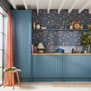 William Morris Retro Textured Bird & Pomegranate Wallpaper