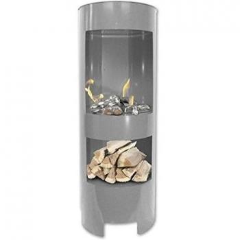 BBT@ Chimenea de metal columna / 1 metro de altura / Color: Gris / Con el estante de madera separada / Ancho: 37cm Altura: 100 cm Profundidad: 35 cm / Salida de calor es de aproximadamente 3,5 Kw / Metal con recubrimiento de polvo / Incluyendo 3 latas de 