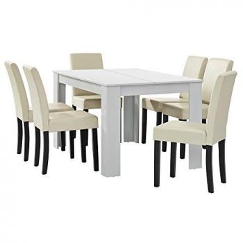 Conjunto de Mesa de Comedor Forssa 140x90 cm + 6 Sillas de Polipiel - Blanco y Crema