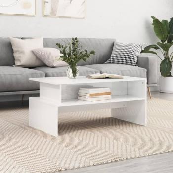 Mesa de centro de madera de ingeniería 90x55x42,5 cm en blanco brillo y negro, diseño moderno para salón o comedor, estilo auxiliar, también conocida como mesa de café