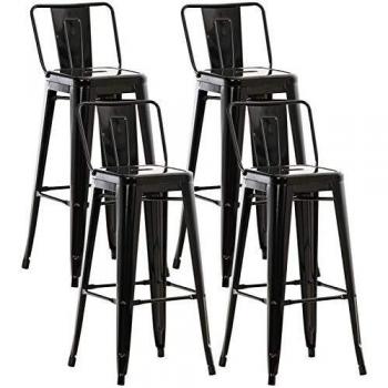 Set de 4 Taburetes de Bar Metálicos Mason Negro con Apoyo para Pies