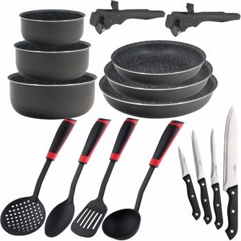 Bergner PK1528 Set 16pcs: 3 sartenes 20/22/26 + 3 cazos/cacerolas 16/18/20 con 2 Mangos Click&Cook + 4 Cuchillos 4 Utensilios de Cocina, Aluminio prensado
